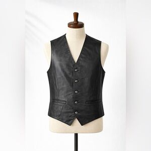 Vintage Sears Men’s Black Leather Vest Size 44 Button Front Biker Western